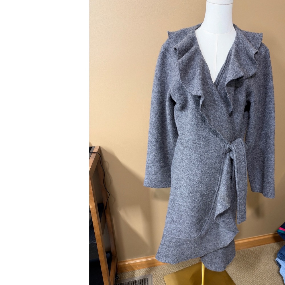 Fenn Wright Manson Wool Wrap Coat L Gray Belted Waterfall Ruffle Long Cardigan